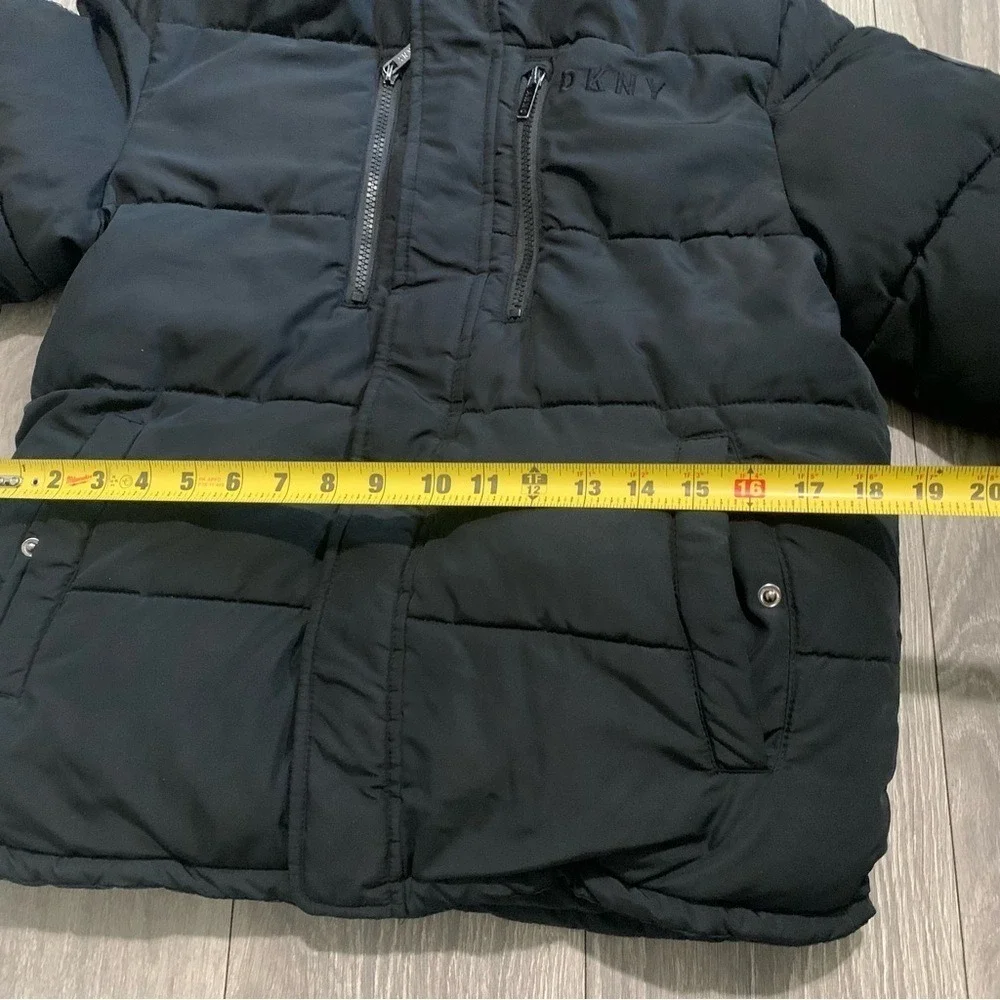 DKNY Boys Black Puffer Jacket L 14/16 Sherpa Lined Hood Logo Tape Winter Coat